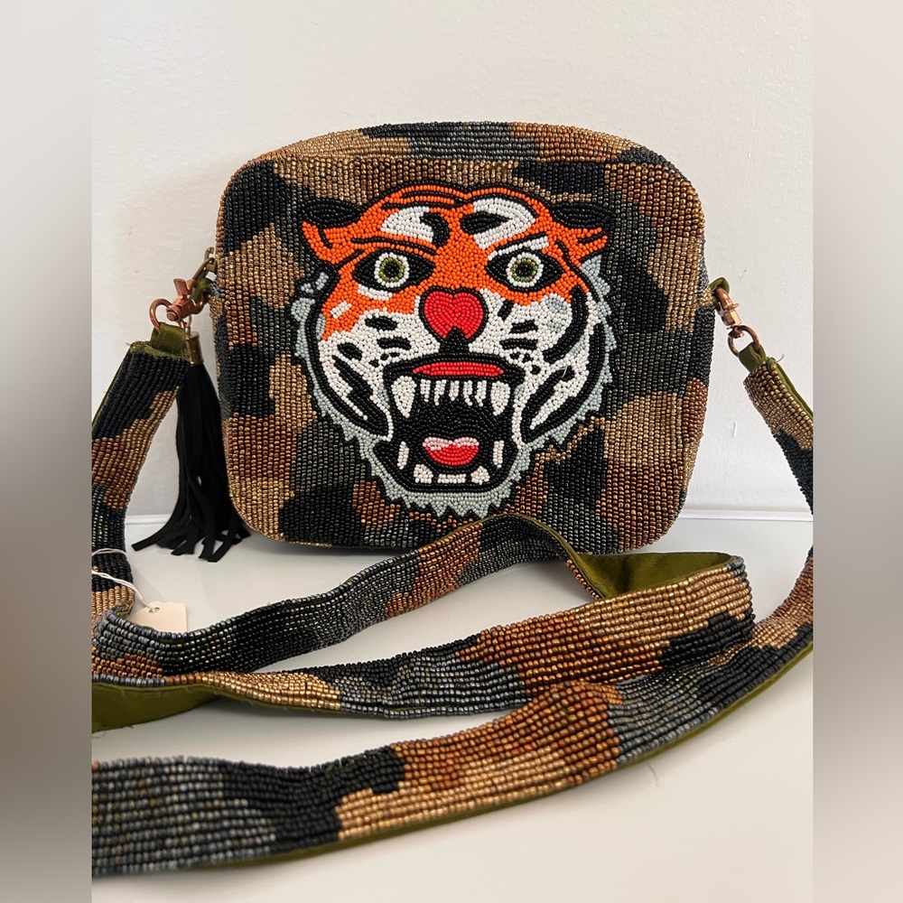 Tiana Beaded Camo Tiger Crossbody Bag